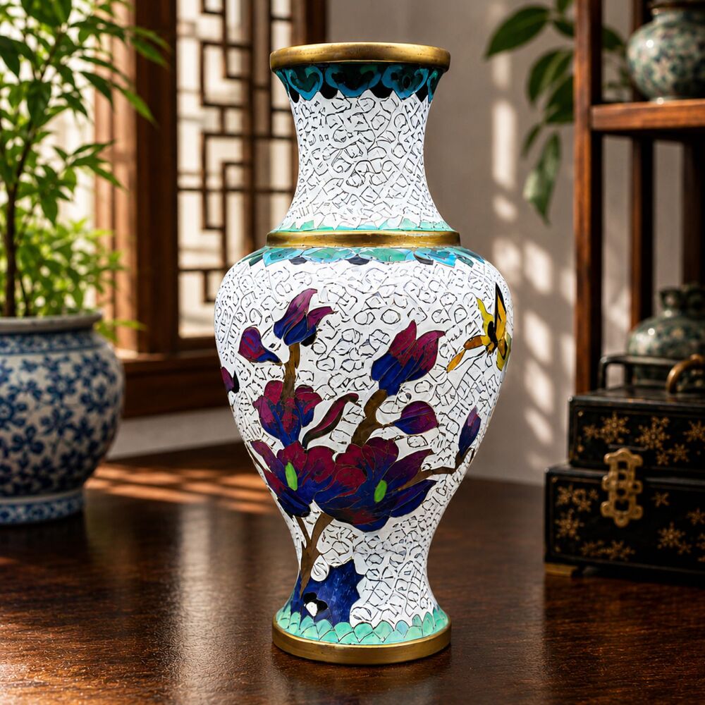 Vintage Brass Cloisonne Vase White Enamel Floral Butterfly w/ Blue Interior 7.5"